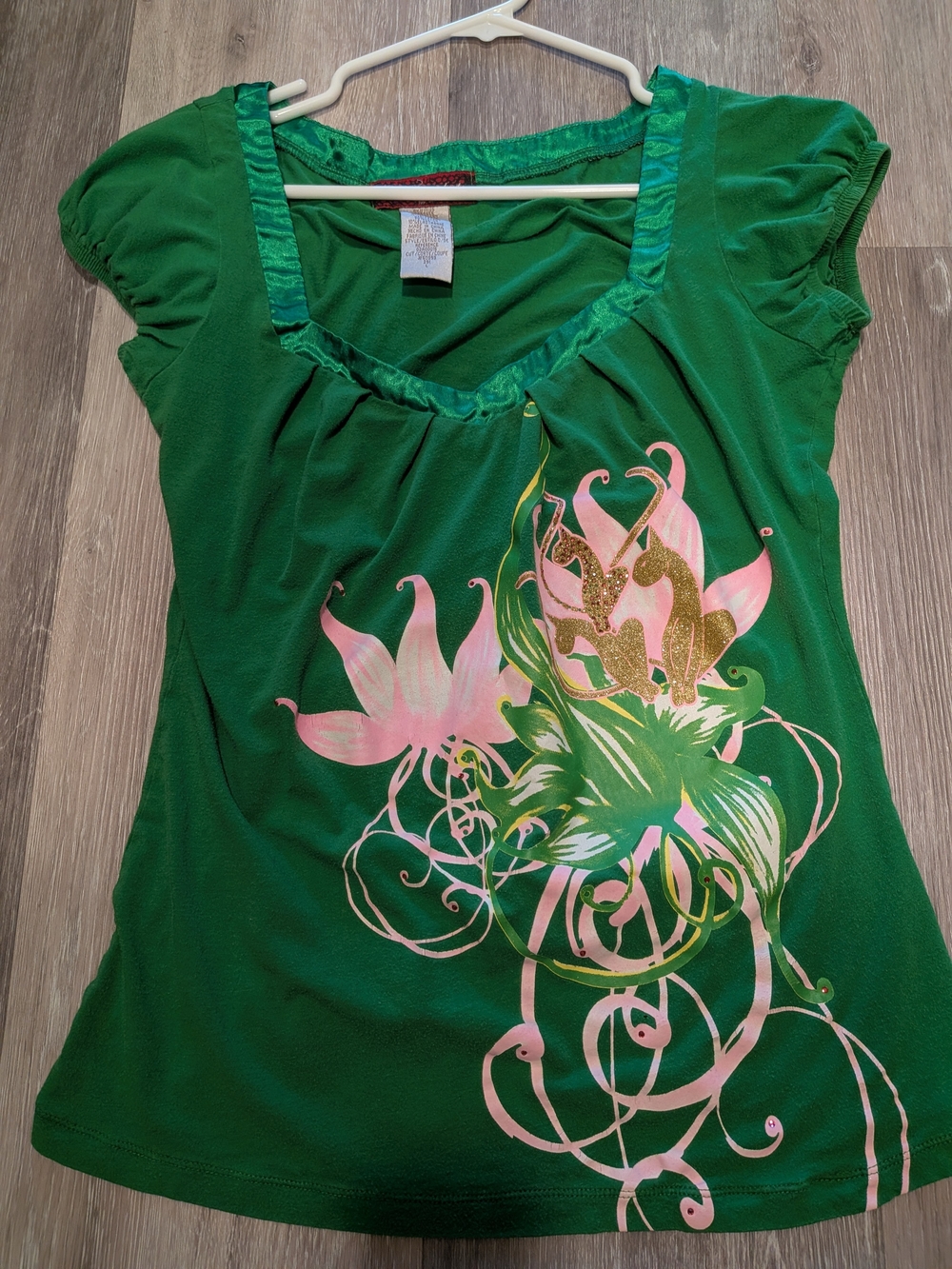 Baby Phat Green Scoop Neck Tee with Pink Floral & Gold Glitter
